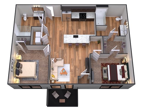 Floor plan for 2 beds, 2 baths, 957 sqft
